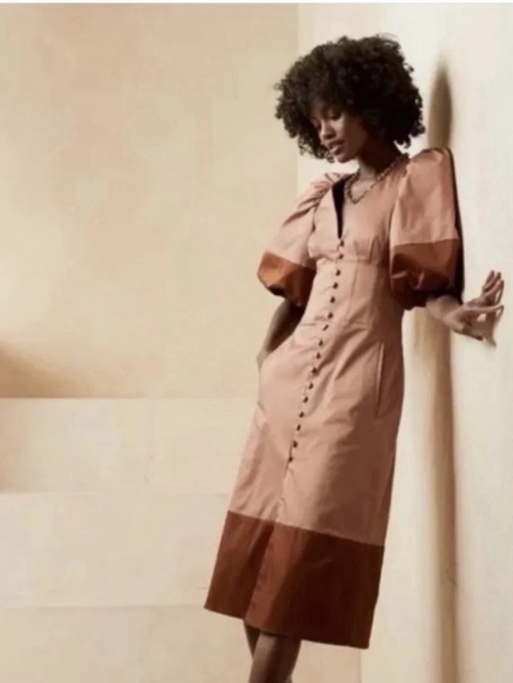 Banana Republic Womens 4 colorblock balloon puff sleeves midi dress pockets